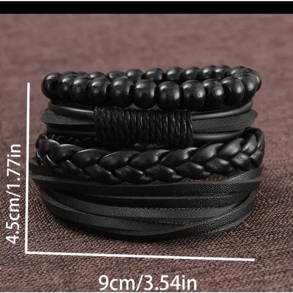 Men's leather bracelets set 4pc layered beaded beads black New b16 - Picture 2 of 2